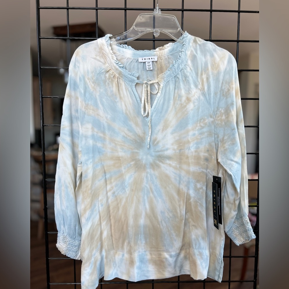 Women’s Tribal brand Tie-Dye Blouse - Blue and Tan. Medium